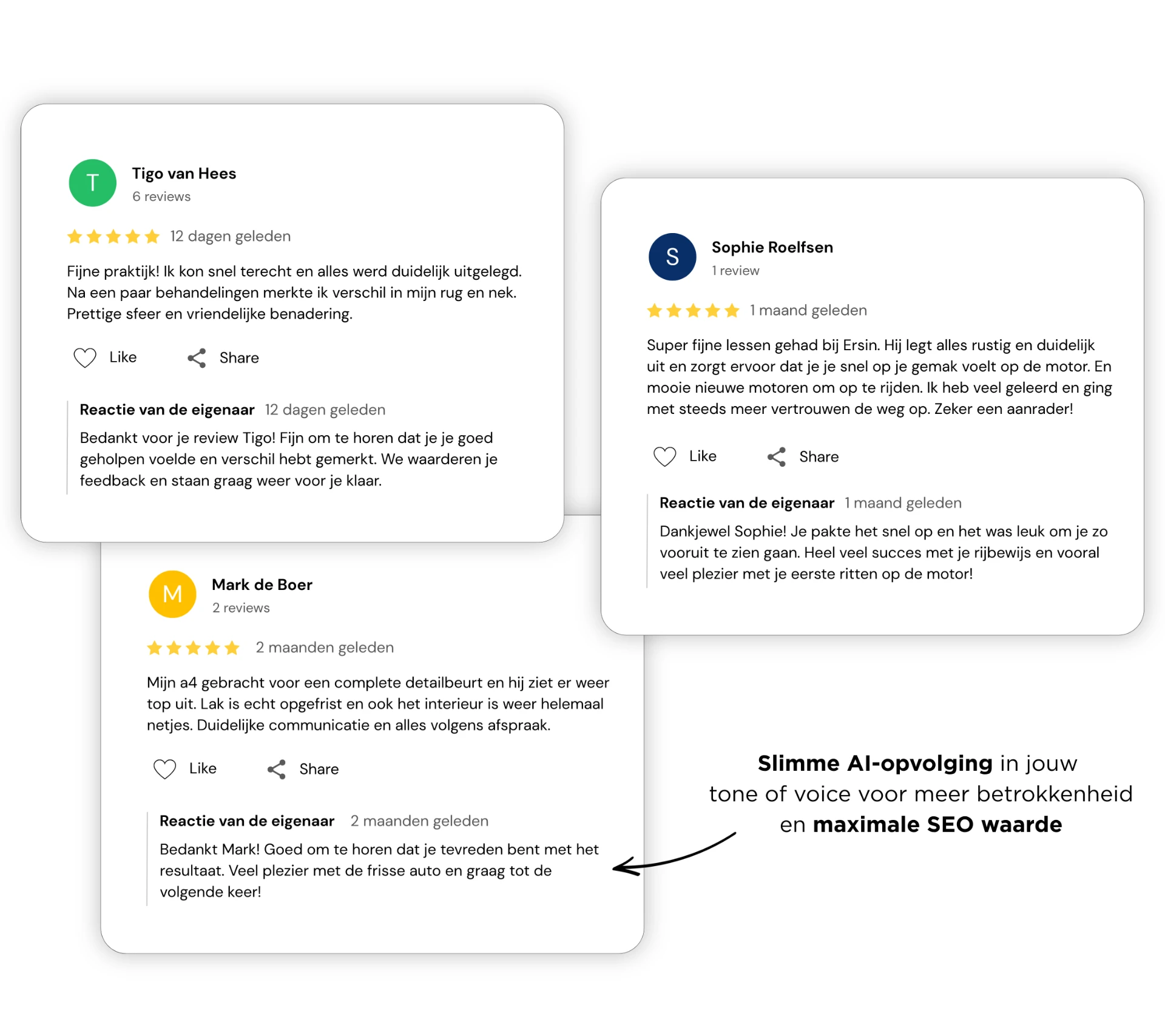 Voorbeeld van Google review cards met persoonlijke reacties van de eigenaar, zichtbaar gemaakt via Boostmyratings